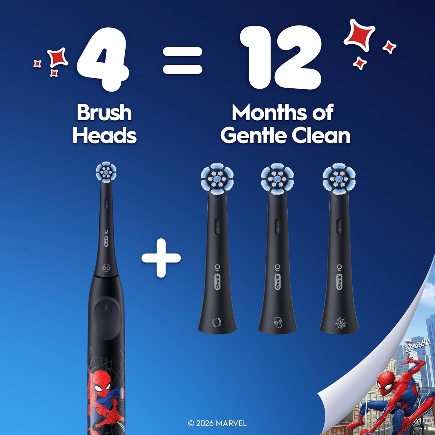 Two Oral-B iO Kids Marvel Spider-Man replacement toothbrush heads designed for children's electric toothbrushes, featuring Spider-Man artwork.