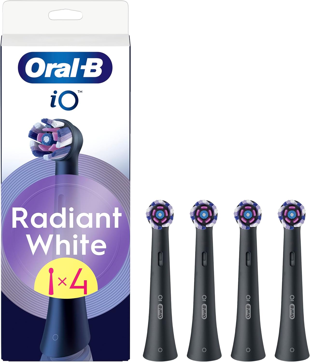 Set of four Oral-B iO Radiant White replacement brush heads in black for electric toothbrushes, designed for effective cleaning.
