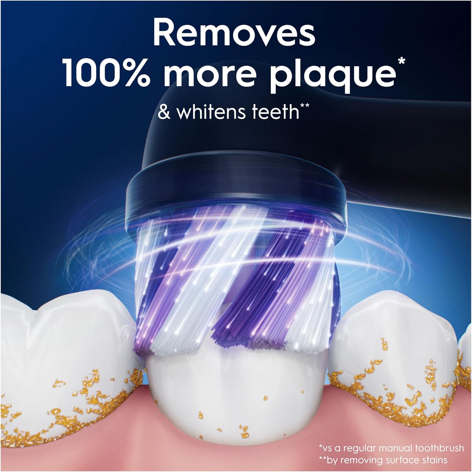 Oral-B iO Radiant White replacement brush heads in black, 4-pack, for electric toothbrushes, showing close-up of brush head design.