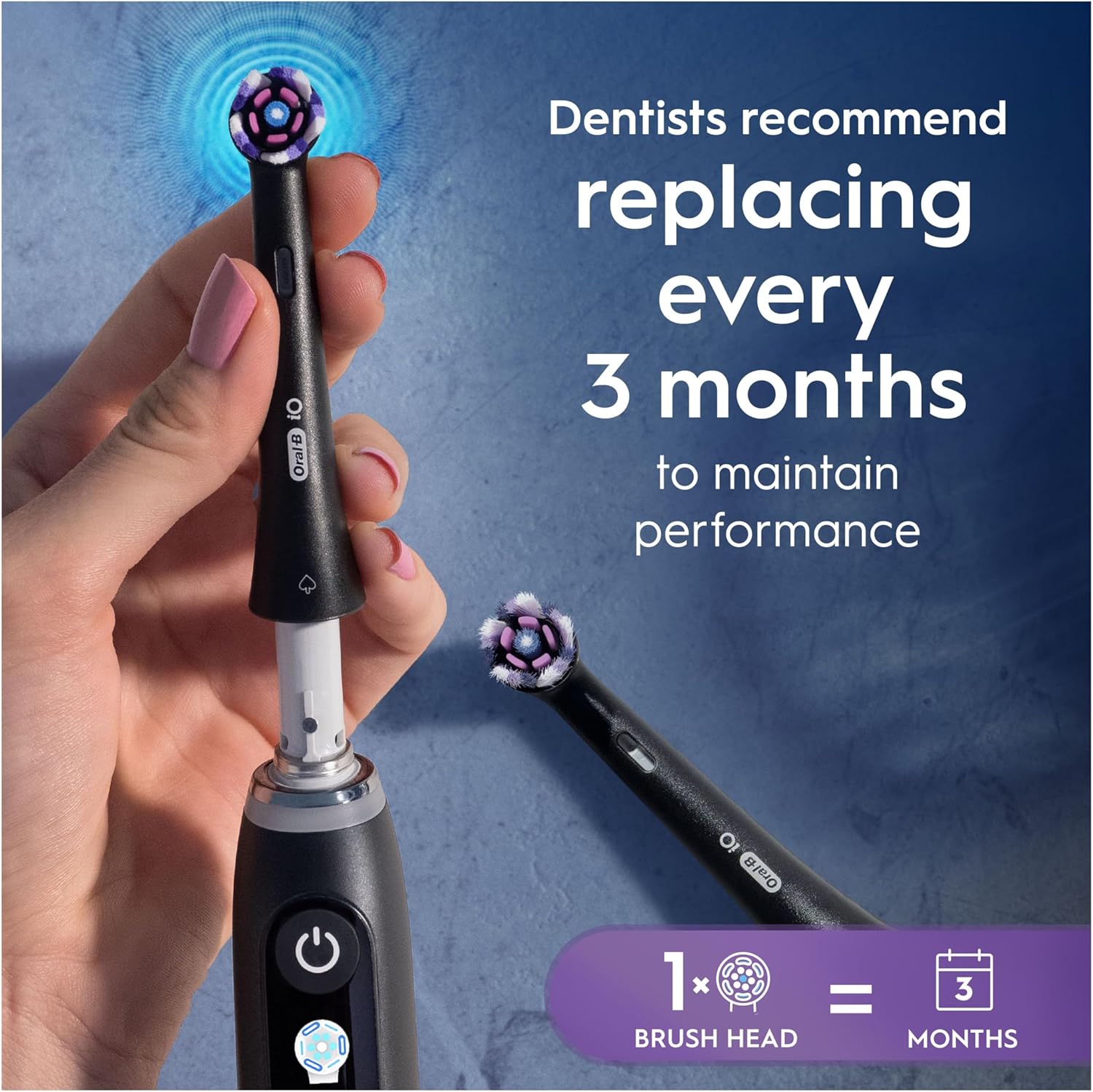 Four black Oral-B iO Radiant White replacement brush heads for electric toothbrushes, shown in a 4-pack.