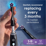 Four black Oral-B iO Radiant White replacement brush heads for electric toothbrushes, shown in a 4-pack.