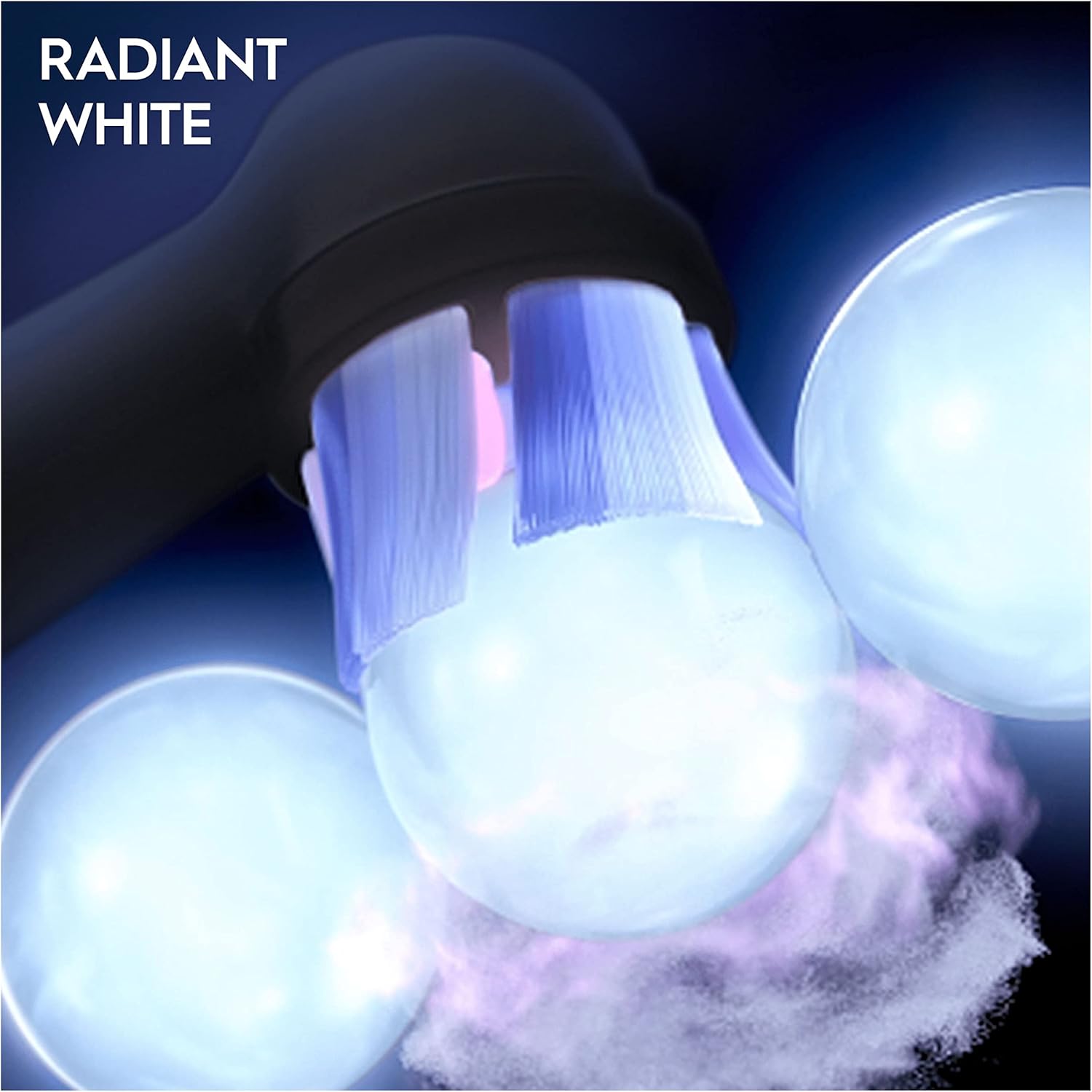 Six black Oral-B iO Radiant White replacement brush heads for electric toothbrushes, shown in the image.