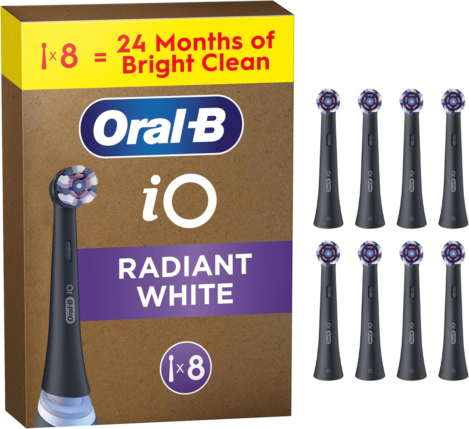 Eight black Oral-B iO Radiant White replacement brush heads for electric toothbrushes, shown in a pack.