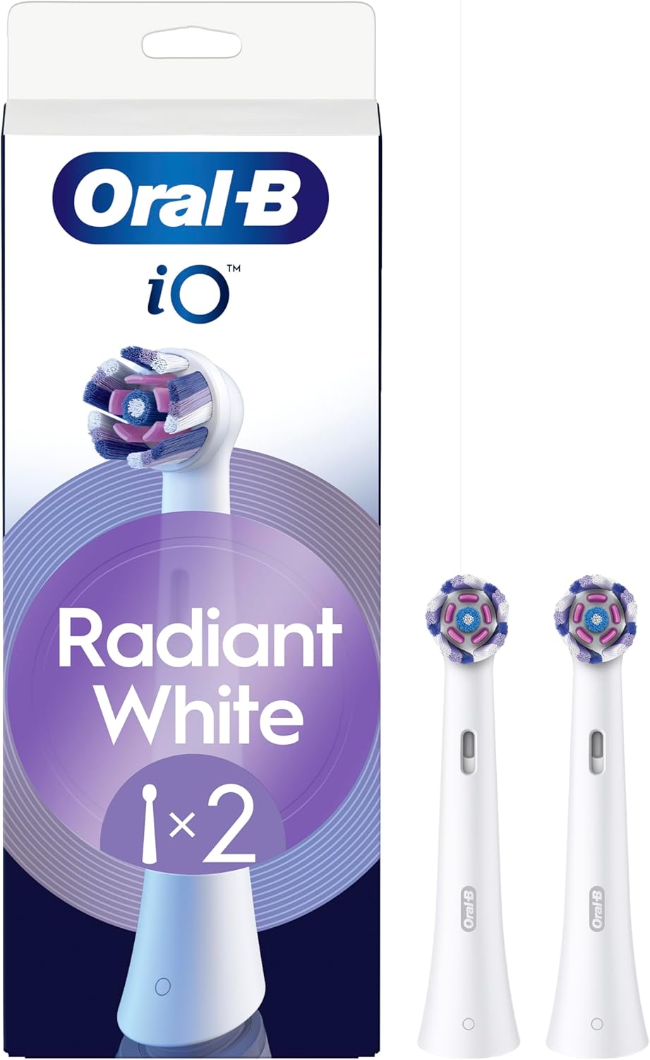 Two white Oral-B iO Radiant White replacement brush heads for electric toothbrushes, shown in a close-up image.