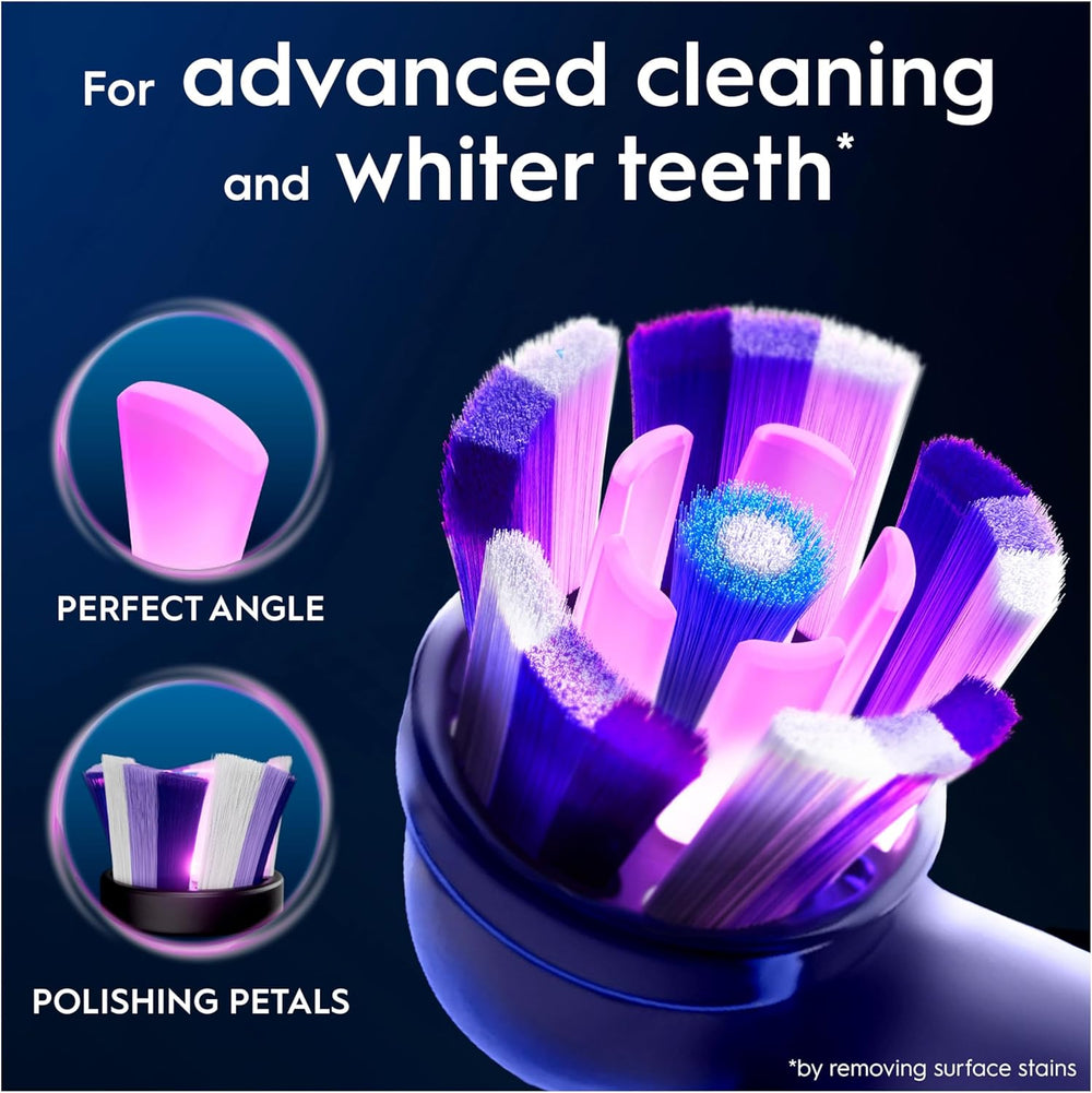Oral-B iO Radiant White replacement brush heads in white, 2-pack for electric toothbrushes, designed for effective cleaning and whitening.