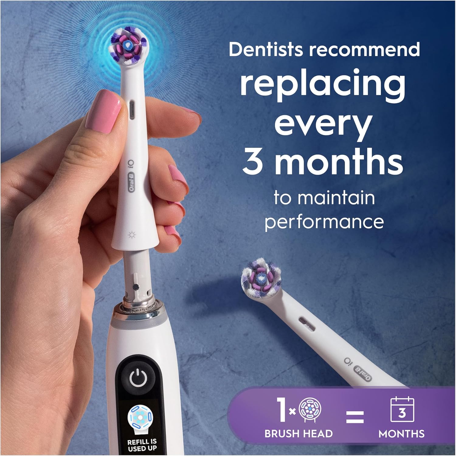 Two white Oral-B iO Radiant White replacement brush heads for electric toothbrush, shown side by side.