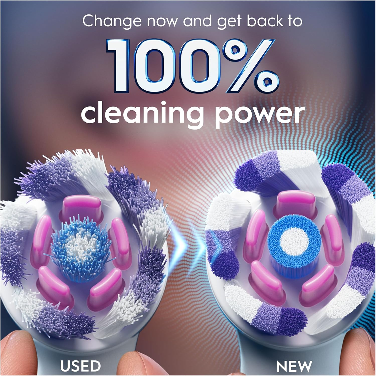 Two white Oral-B iO Radiant White replacement toothbrush heads for electric toothbrushes, shown in a 2-pack.