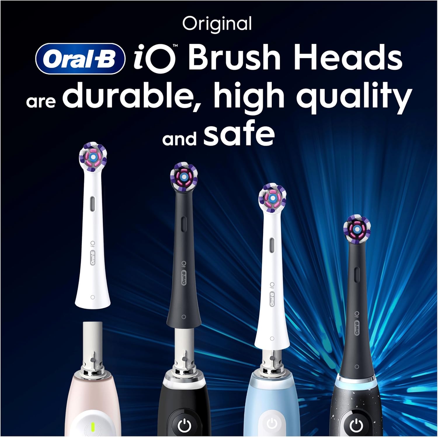 Two white Oral-B iO Radiant White replacement brush heads for electric toothbrush, shown in a 2-pack.