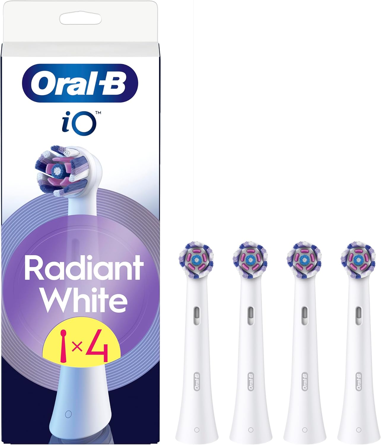 Oral-B iO Radiant White replacement toothbrush heads in white, 4-pack, designed for optimal cleaning and brushing performance.