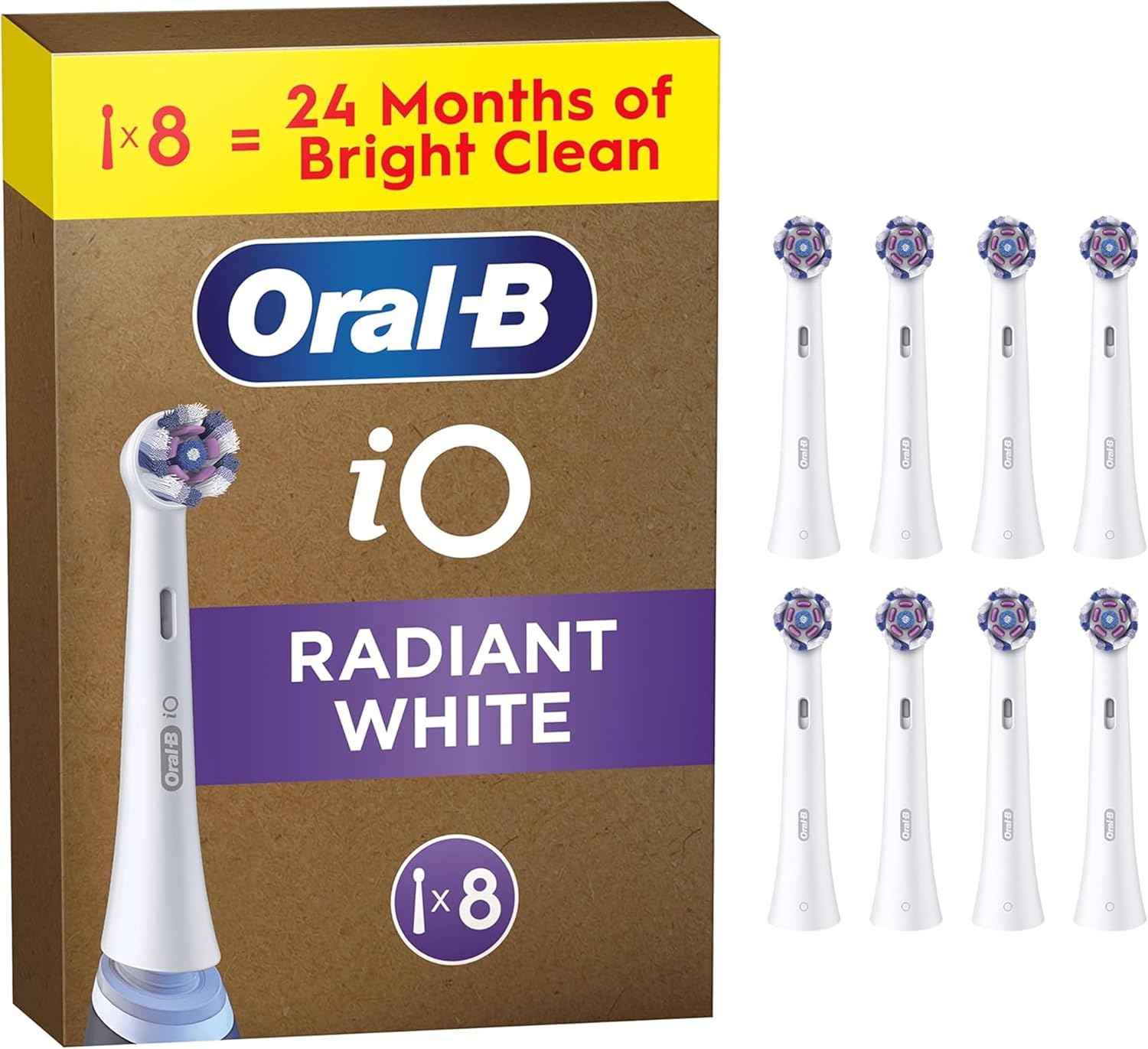 Set of 8 Oral-B iO Radiant White replacement brush heads in white for electric toothbrushes, shown in a clean, organized display.