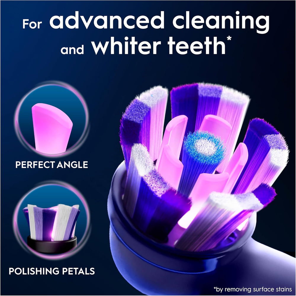 Oral-B iO Radiant White replacement brush heads in white, 8-pack, designed for effective teeth cleaning and whitening.