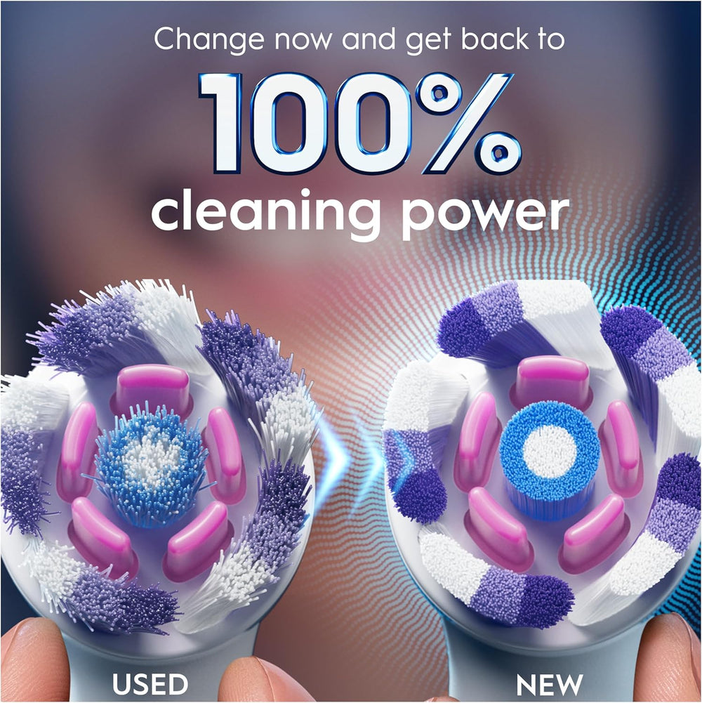 Eight white Oral-B iO Radiant White replacement brush heads for electric toothbrushes, displayed in a pack.