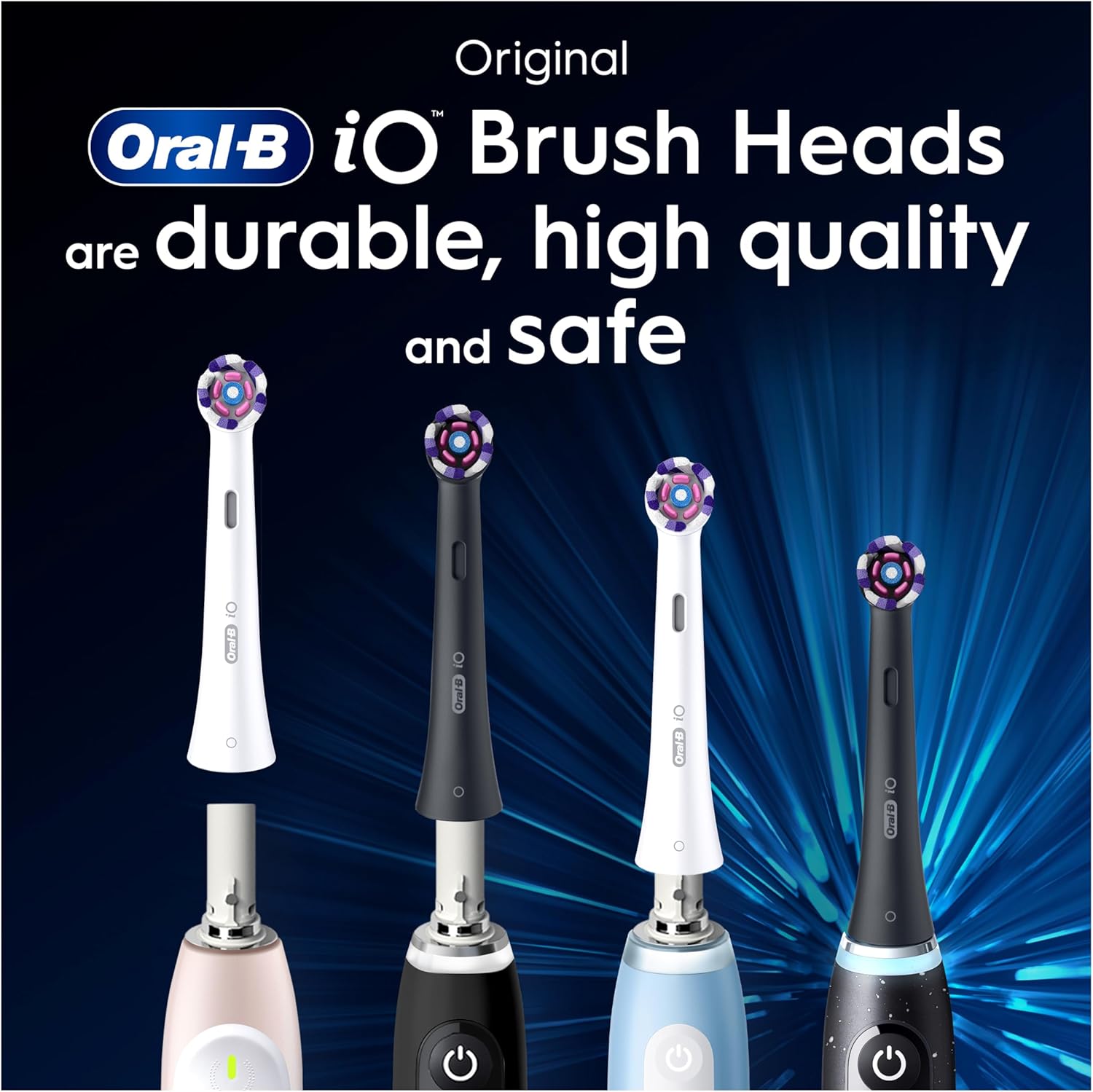 Eight Oral-B iO Radiant White replacement brush heads in white for electric toothbrushes, shown in a neat pack.