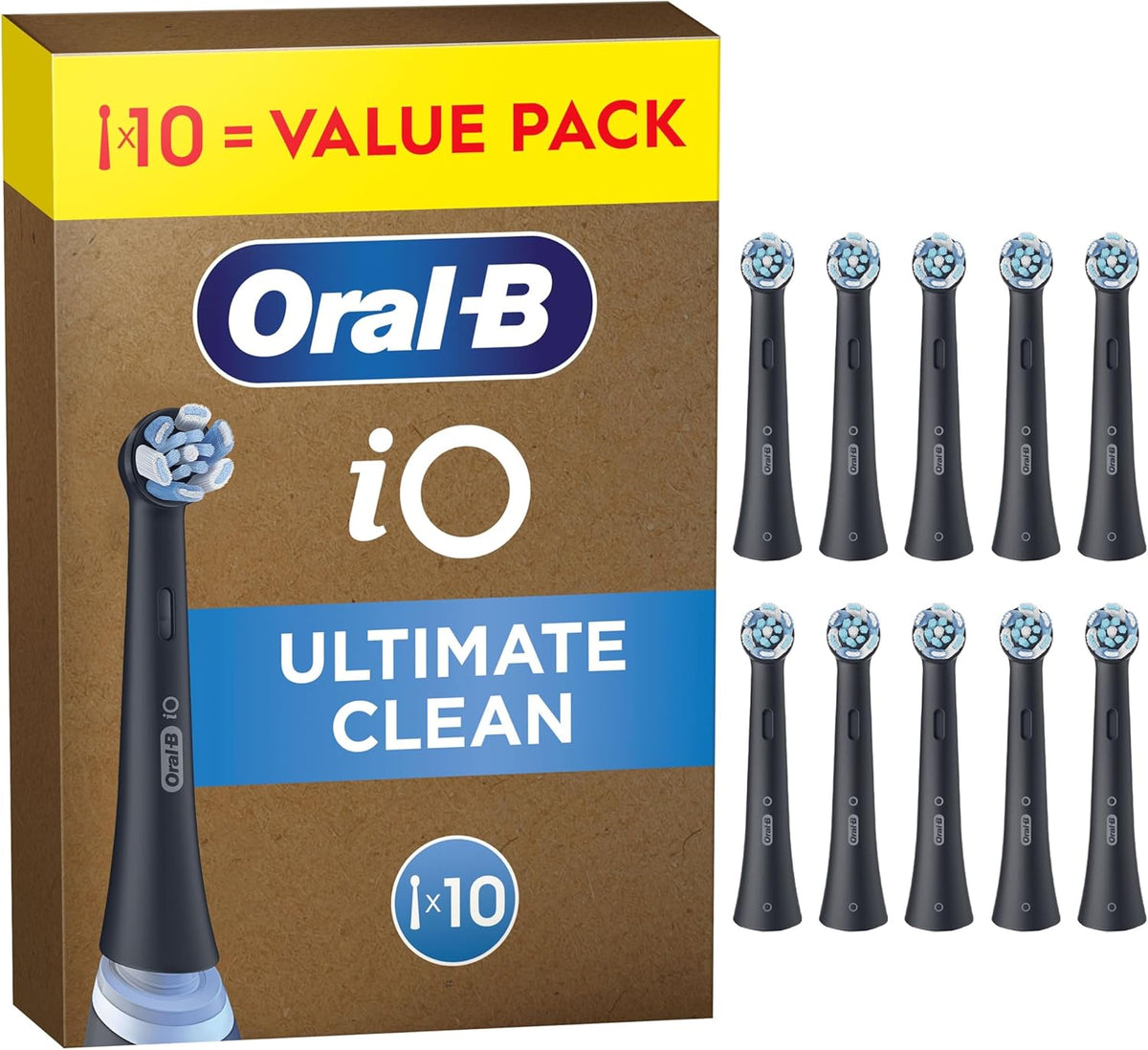 Set of 10 Oral-B iO Ultimate Clean replacement brush heads in black for electric toothbrushes, designed for thorough cleaning.