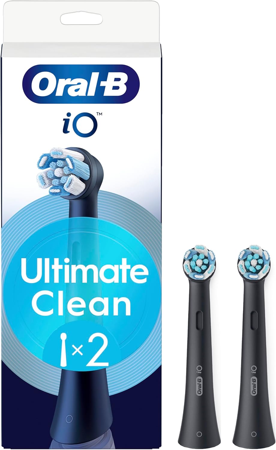 Two black Oral-B iO Ultimate Clean replacement brush heads for electric toothbrushes, shown with bristles and sleek design.