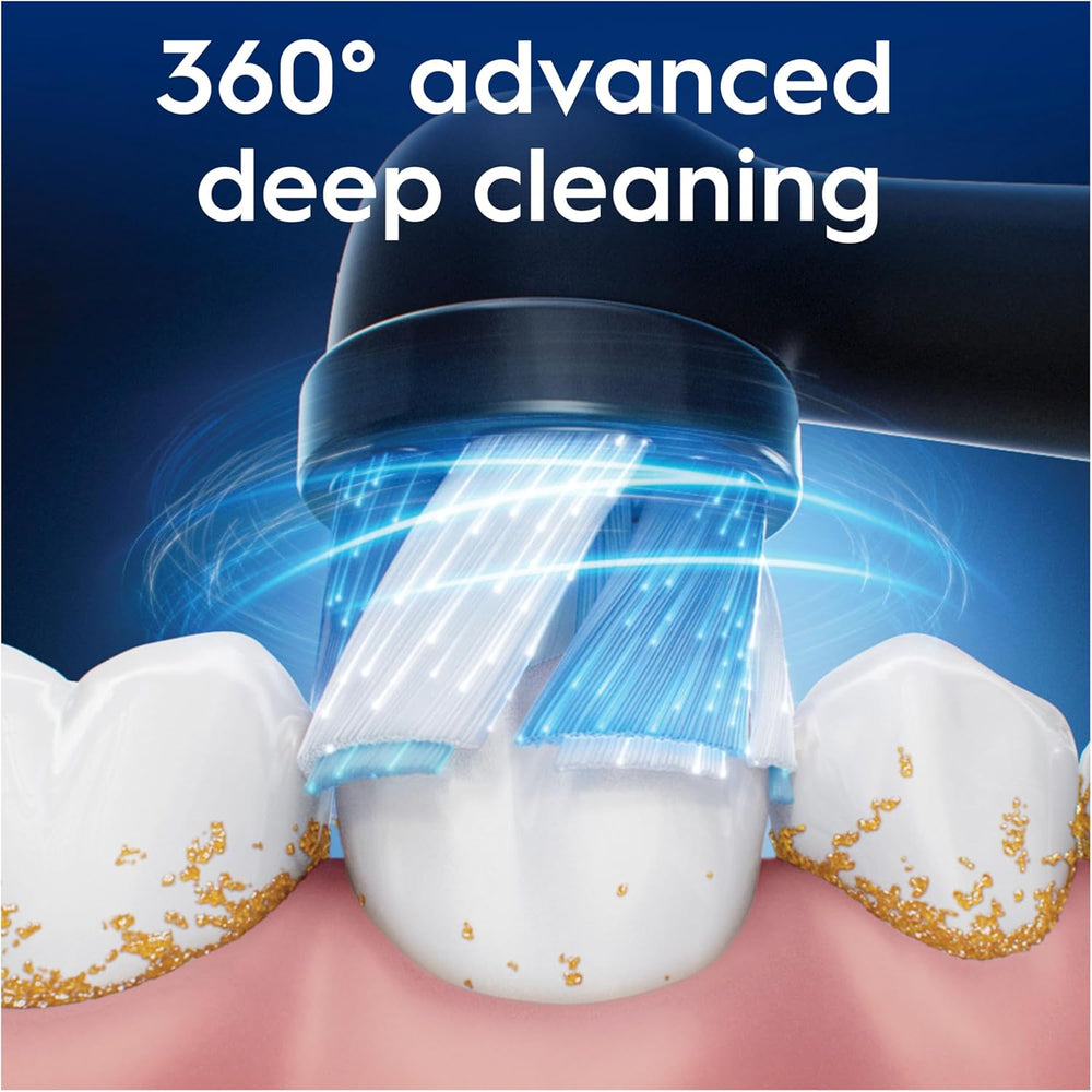 Two black Oral-B iO Ultimate Clean replacement brush heads for electric toothbrushes, shown with bristles and packaging.