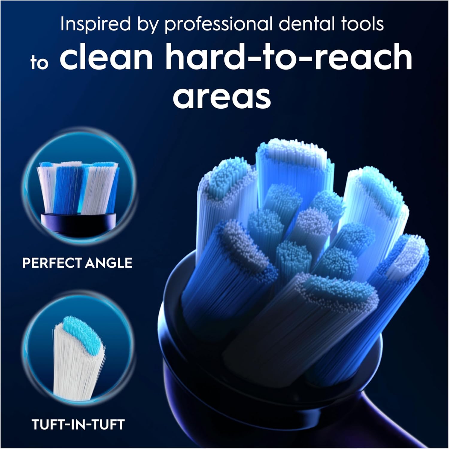 Two Oral-B iO Ultimate Clean replacement brush heads in black for electric toothbrushes, shown with bristles and sleek design.