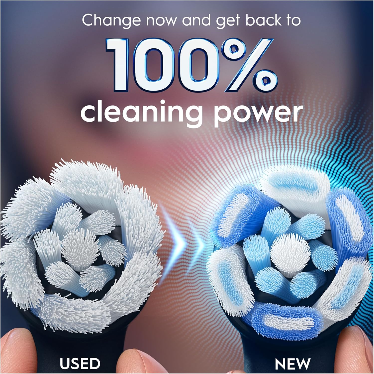 Two Oral-B iO Ultimate Clean replacement brush heads in black for electric toothbrushes, shown with close-up of bristles