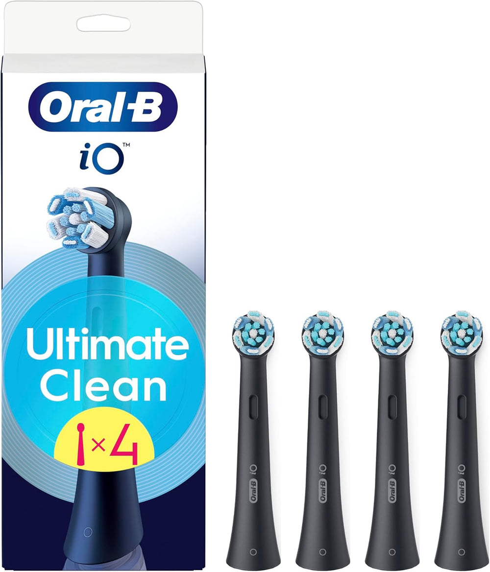Four black Oral-B iO Ultimate Clean replacement brush heads for electric toothbrushes, designed for optimal oral hygiene.