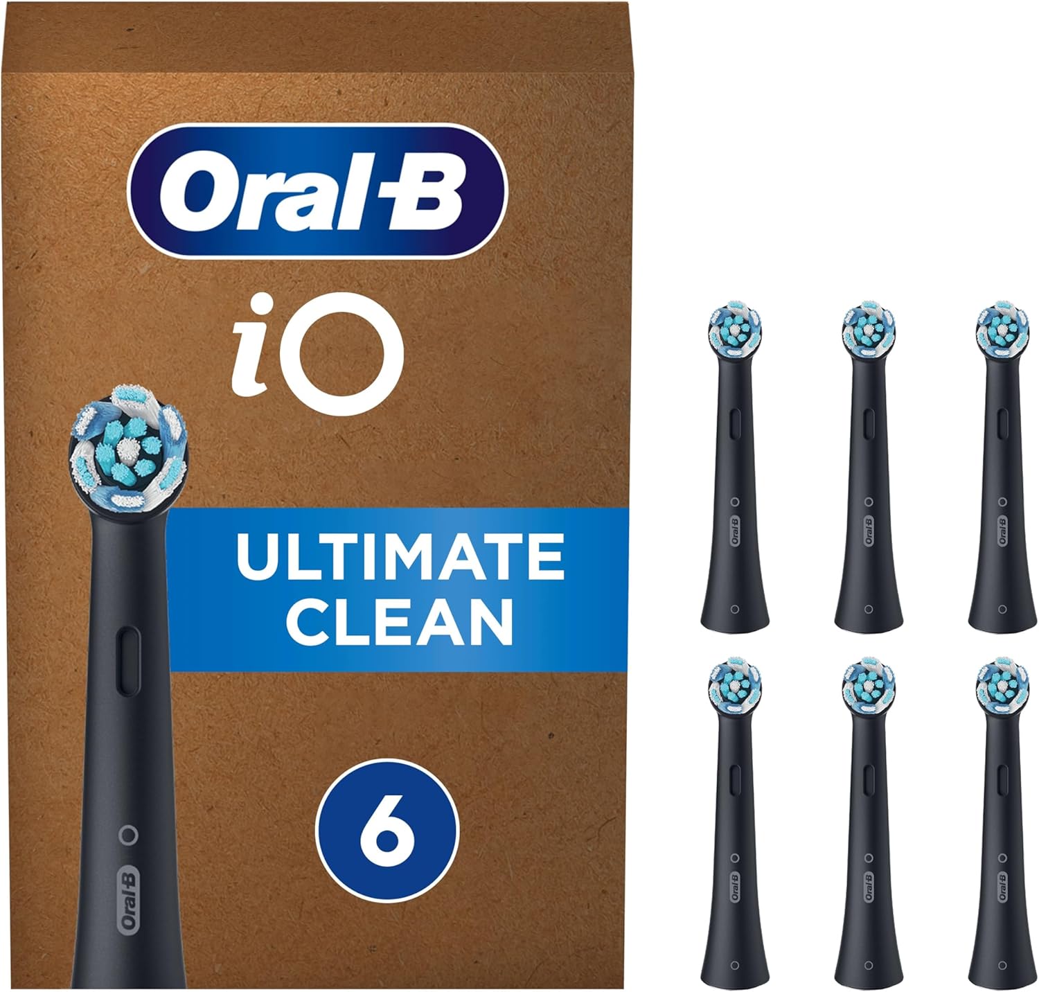 Six black Oral-B iO Ultimate Clean replacement brush heads for electric toothbrushes, arranged in a pack.