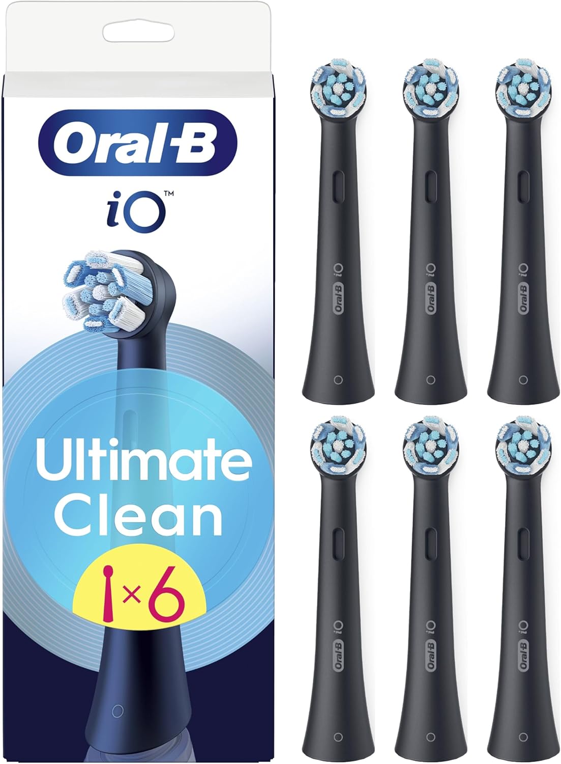 Set of six Oral-B iO Ultimate Clean replacement brush heads in black for electric toothbrushes, designed for deep cleaning and oral health.
