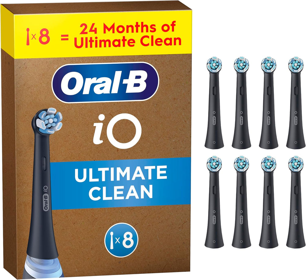Set of 8 black Oral-B iO Ultimate Clean replacement brush heads for electric toothbrushes, shown with bristles and attachment base.