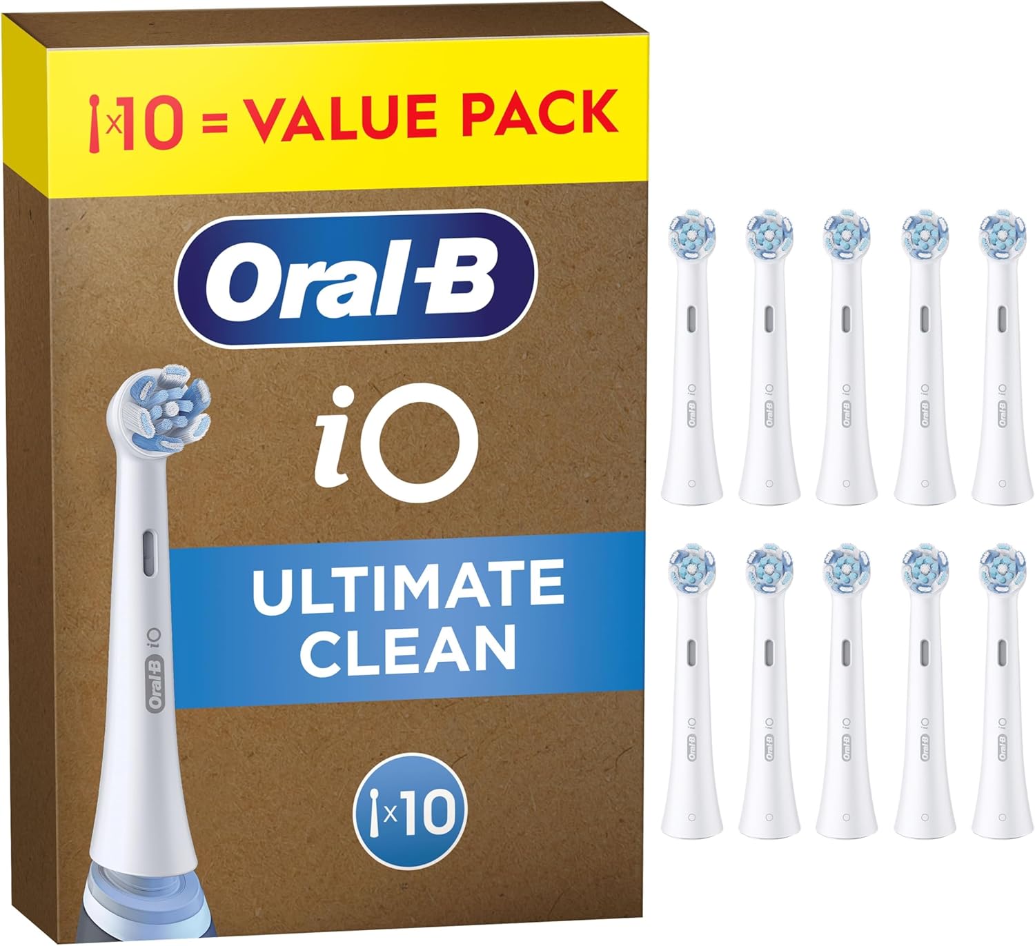 Set of 10 Oral-B iO Ultimate Clean replacement toothbrush heads in white for electric toothbrushes, designed for deep cleaning.