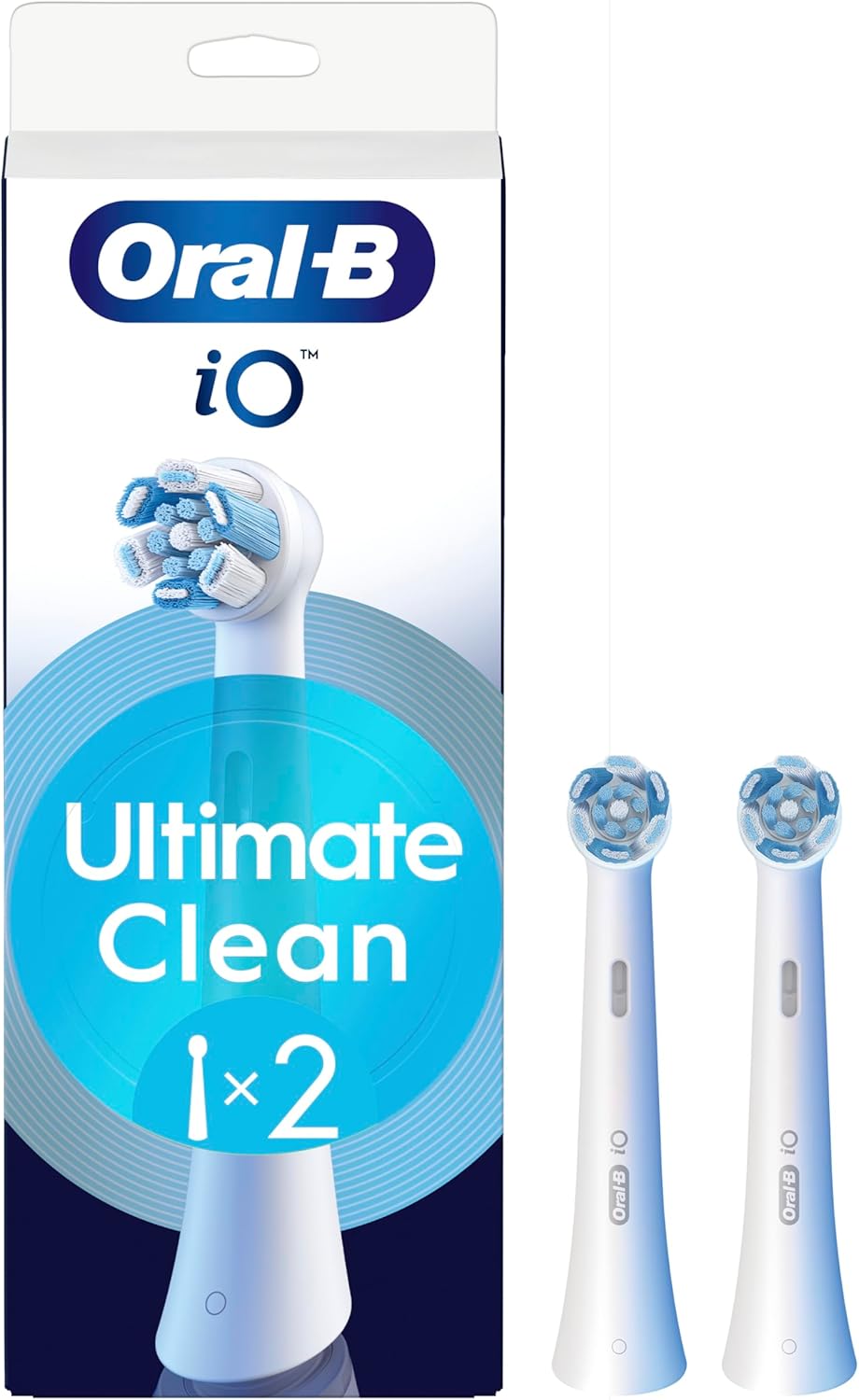 Two white Oral-B iO Ultimate Clean replacement brush heads for electric toothbrushes, shown with bristles in the image.