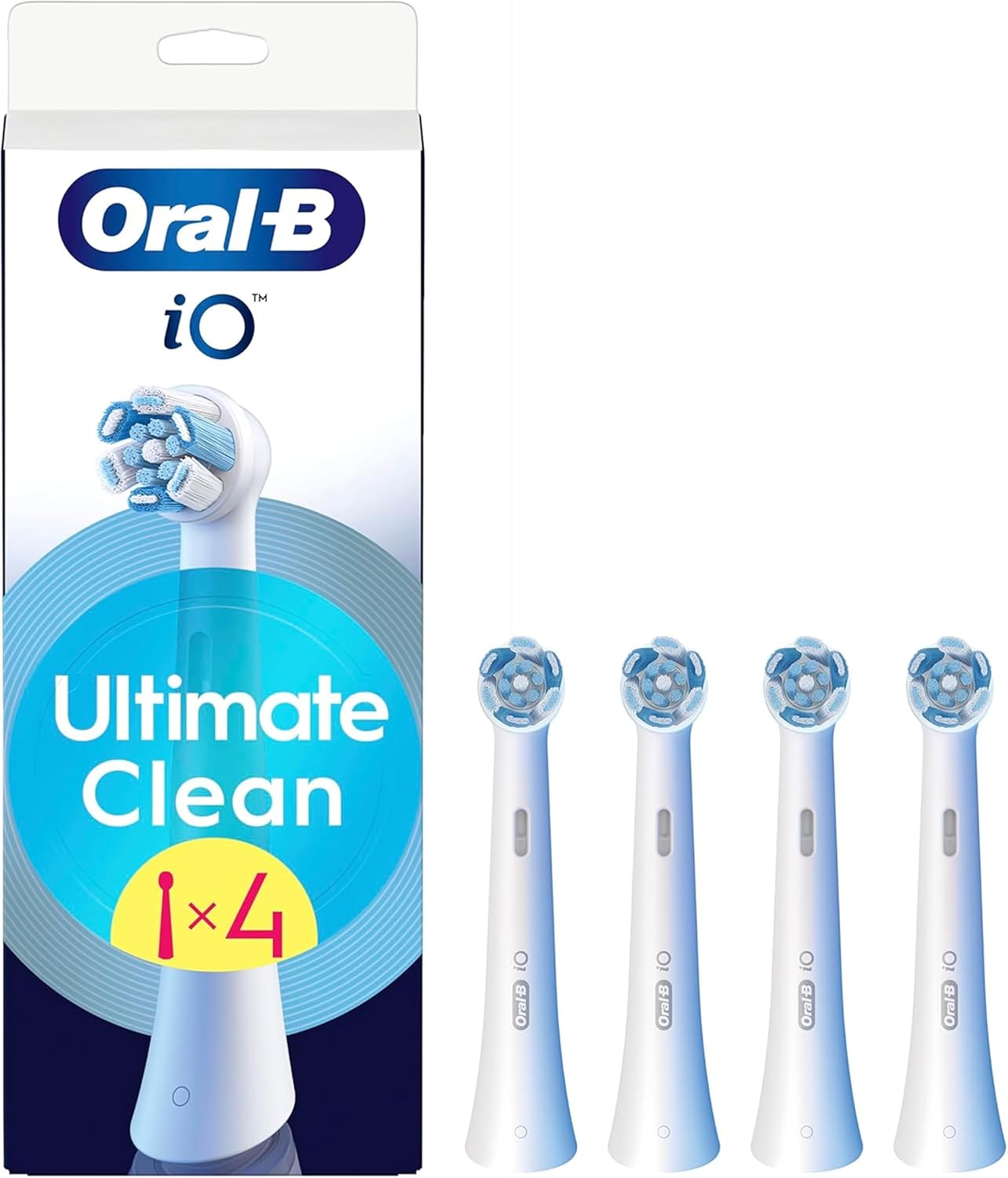 Set of four Oral-B iO Ultimate Clean replacement brush heads in white for electric toothbrushes.