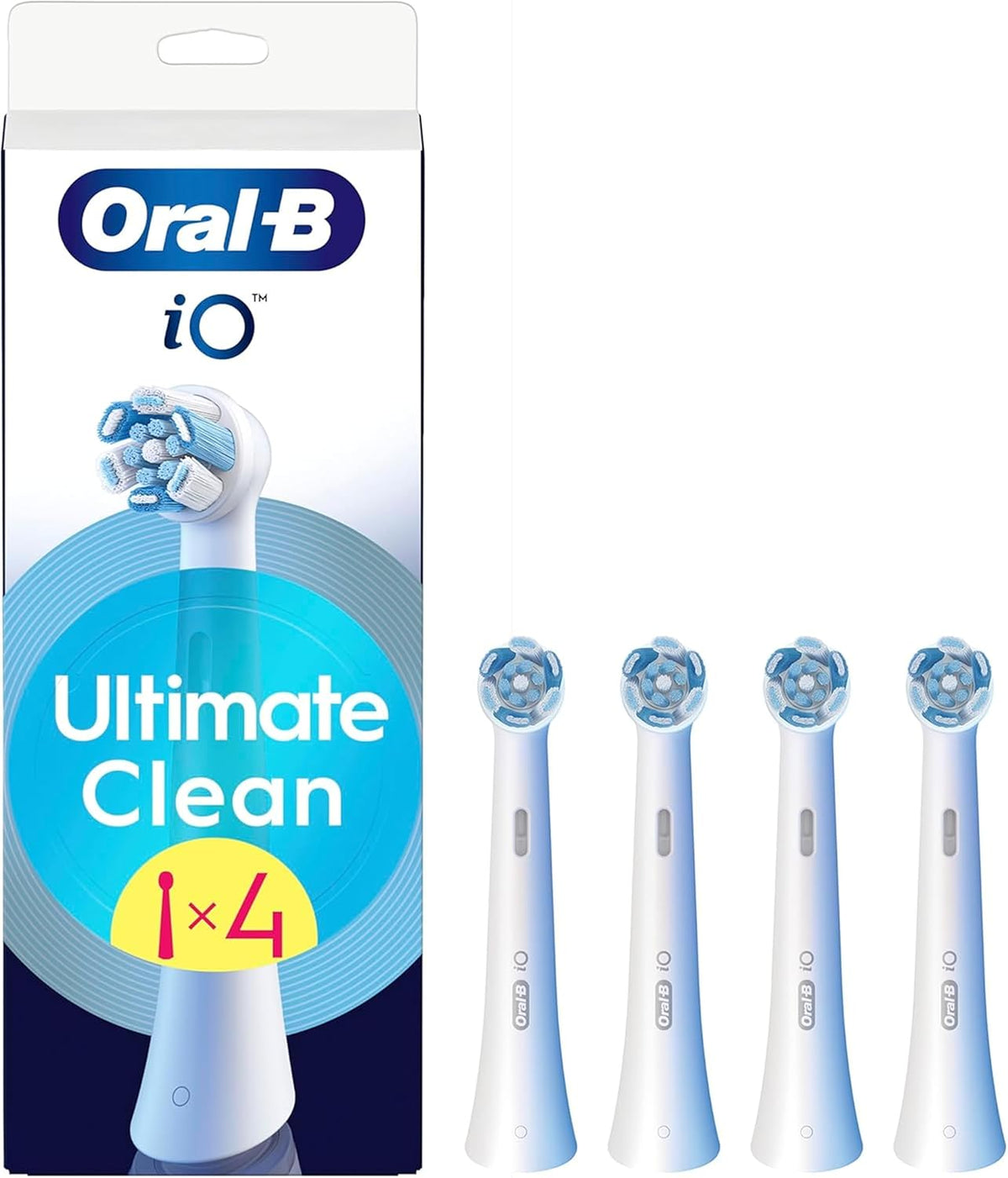 Set of four Oral-B iO Ultimate Clean replacement brush heads in white for electric toothbrushes.