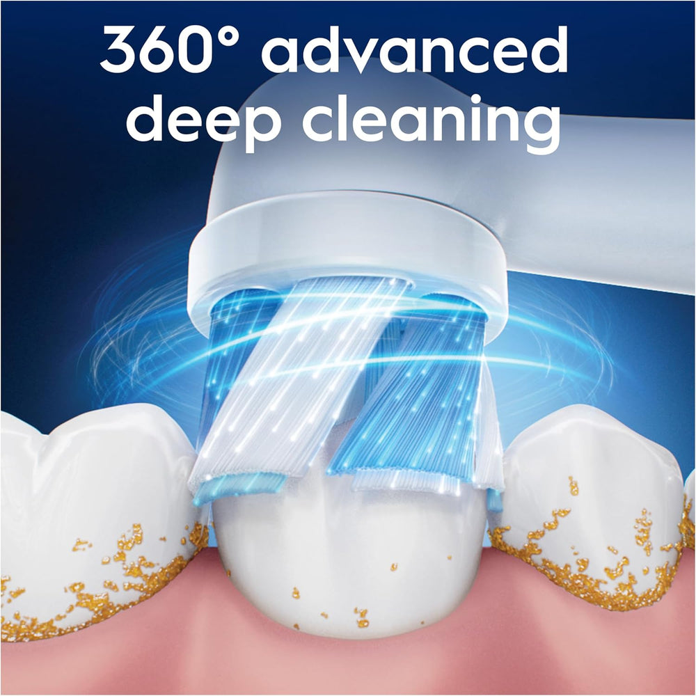 Set of four Oral-B iO Ultimate Clean replacement brush heads in white for electric toothbrushes.
