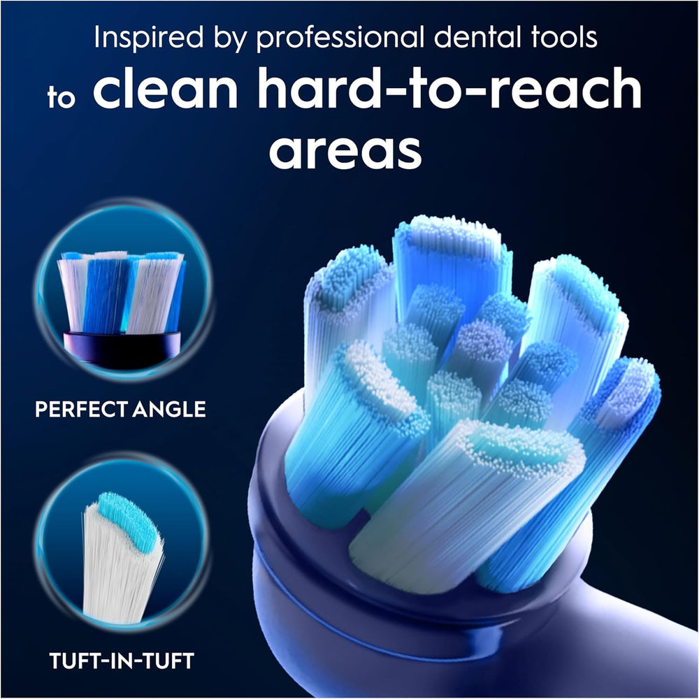 Four white Oral-B iO Ultimate Clean replacement brush heads for electric toothbrushes, arranged in a pack.