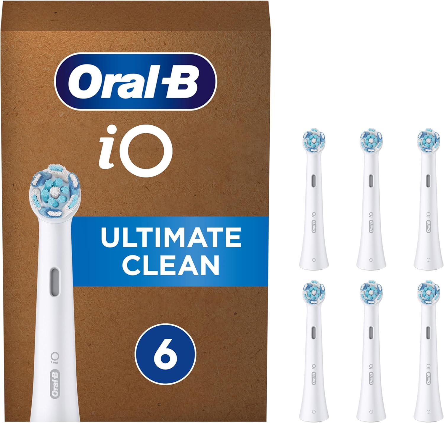 Six white Oral-B iO Ultimate Clean replacement brush heads for electric toothbrushes, shown in a six-pack arrangement.