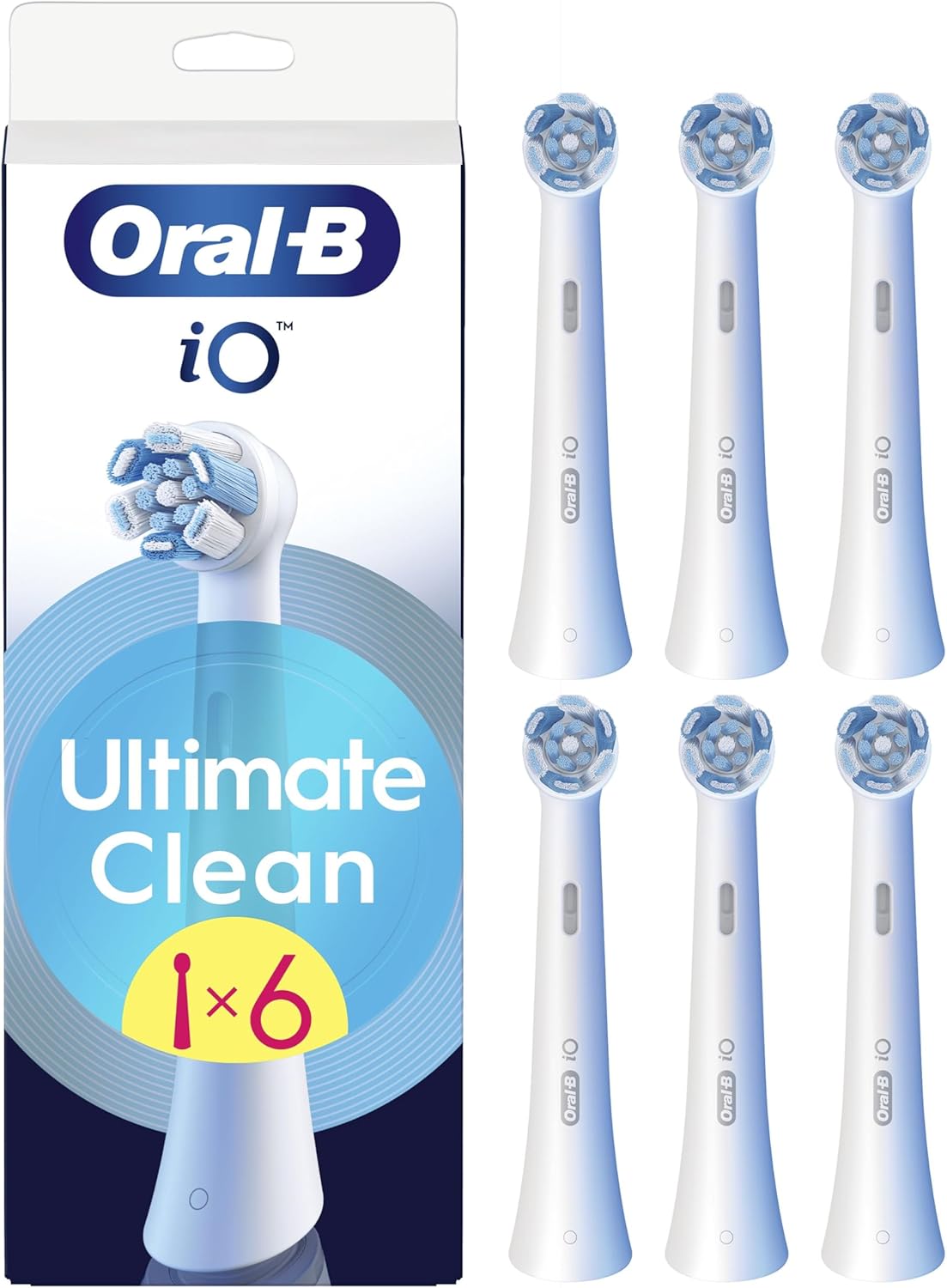 Six white Oral-B iO Ultimate Clean replacement brush heads for electric toothbrushes, shown in a clear image.