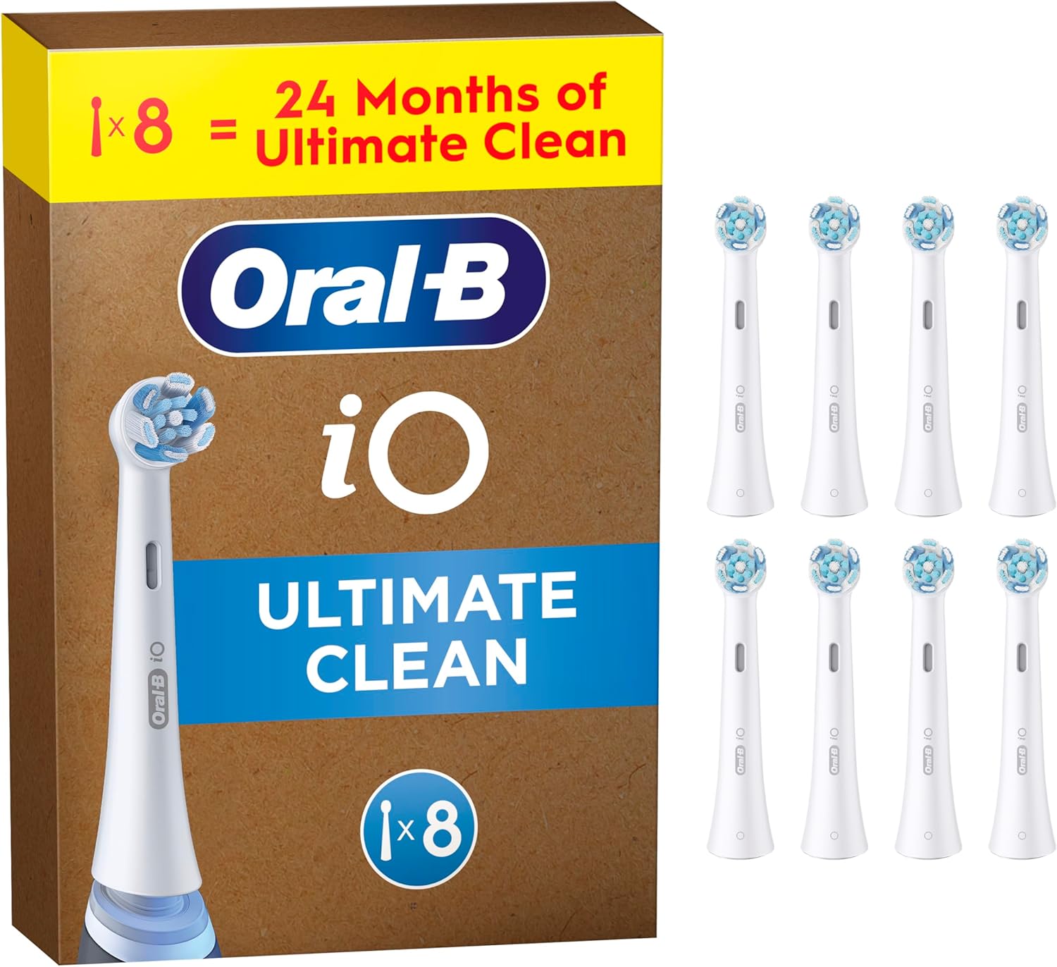 Eight white Oral-B iO Ultimate Clean replacement toothbrush heads for electric toothbrushes, arranged in a pack.