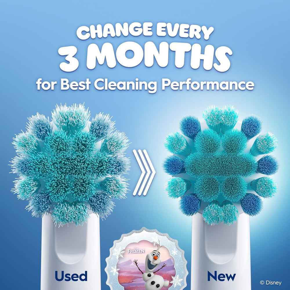 Four Oral-B Kids Disney Frozen replacement toothbrush heads designed for children's electric toothbrushes, featuring Frozen characters.