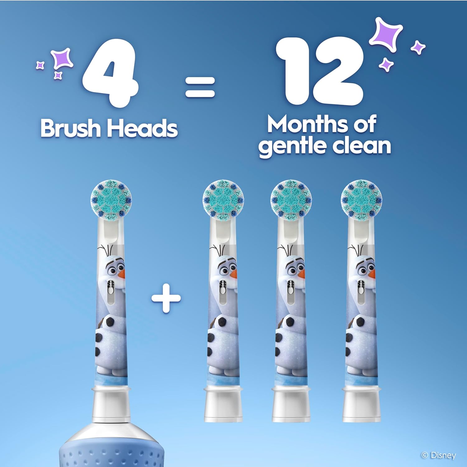 Four Oral-B Kids Disney Frozen replacement toothbrush heads featuring Elsa and Anna for gentle children's dental care.