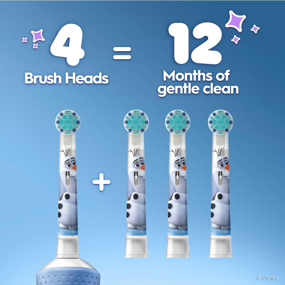 Four Oral-B Kids Disney Frozen replacement toothbrush heads featuring Elsa and Anna for gentle children's dental care.