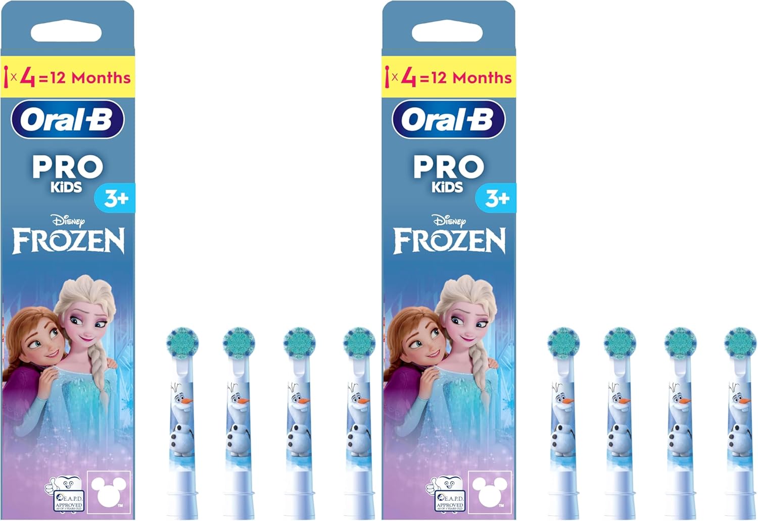 Four Oral-B Kids Disney Frozen replacement toothbrush heads featuring Elsa and Olaf, designed for children’s electric toothbrushes.