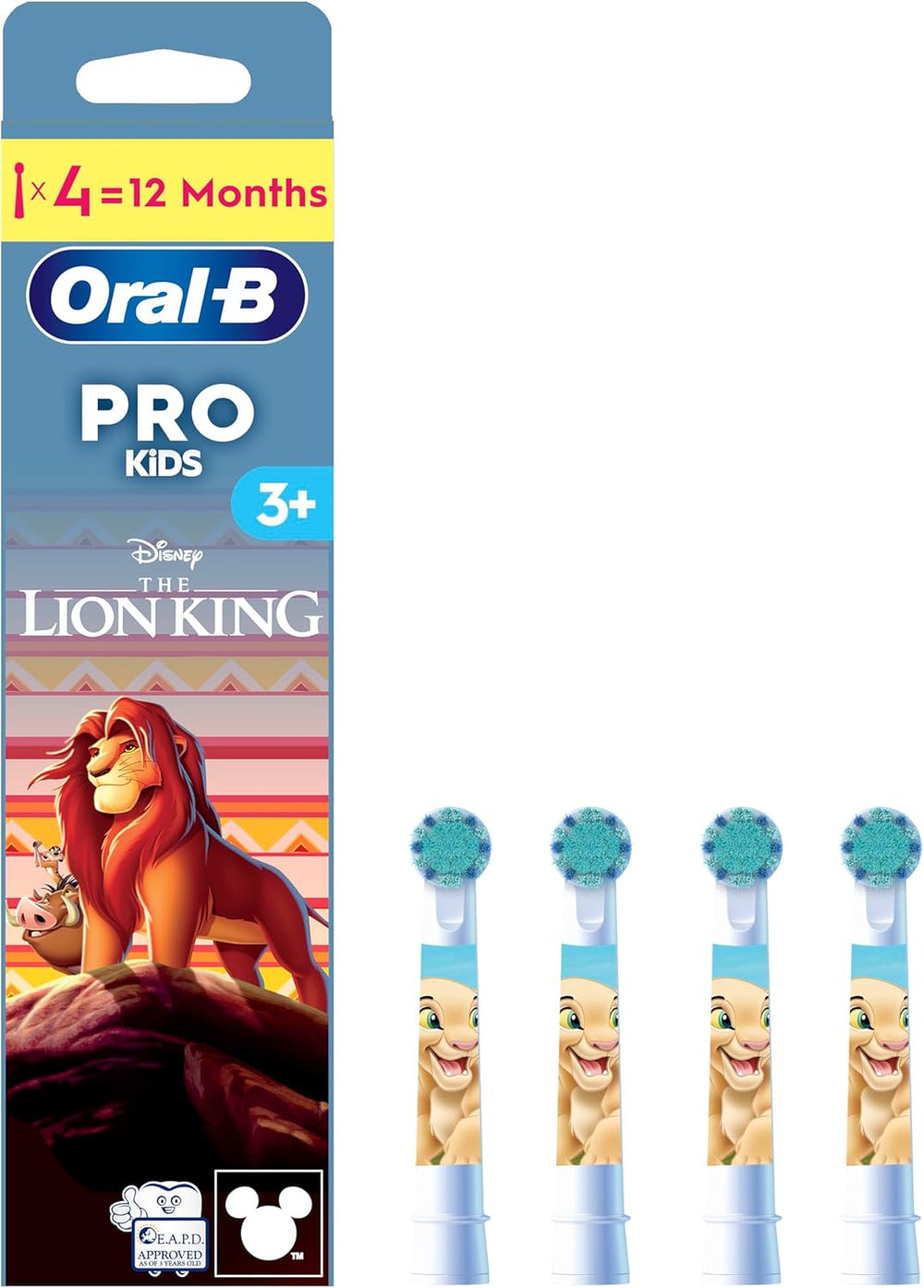 Oral-B Kids Disney Lion King replacement toothbrush heads, 4-pack showing colorful cartoon lion characters for children's oral care.