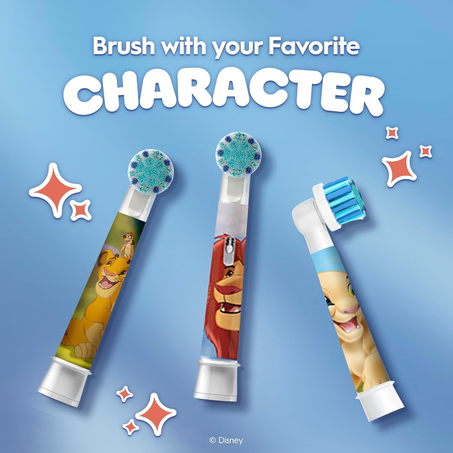 Four Oral-B Kids Disney Lion King replacement toothbrush heads designed for children's electric toothbrushes, featuring Lion King characters.