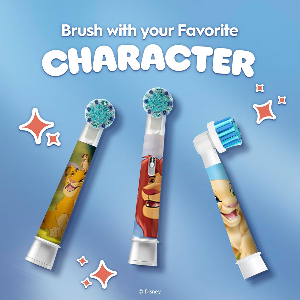 Four Oral-B Kids Disney Lion King replacement toothbrush heads designed for children's electric toothbrushes, featuring Lion King characters.