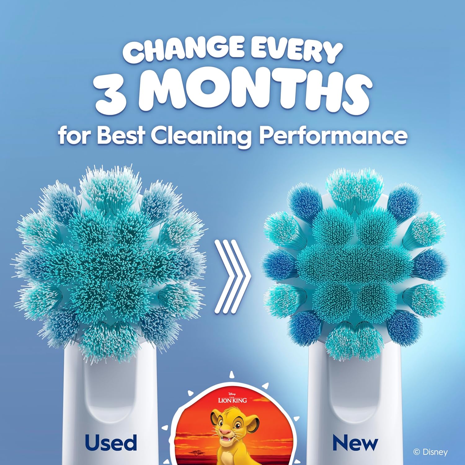 Oral-B Kids Disney Lion King replacement toothbrush heads, 4-pack, designed for children's electric toothbrushes featuring Lion King characters.