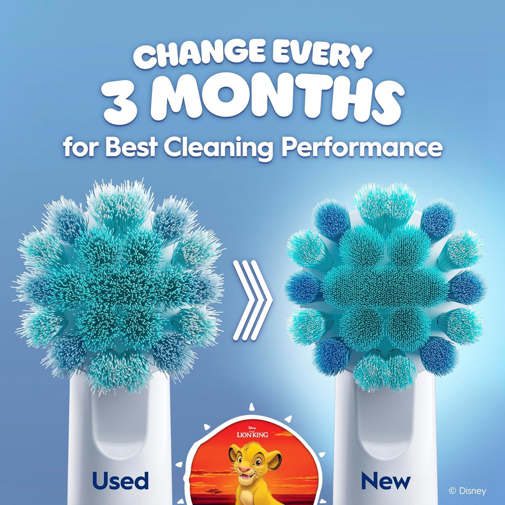 Oral-B Kids Disney Lion King replacement toothbrush heads, 4-pack, designed for children's electric toothbrushes featuring Lion King characters.