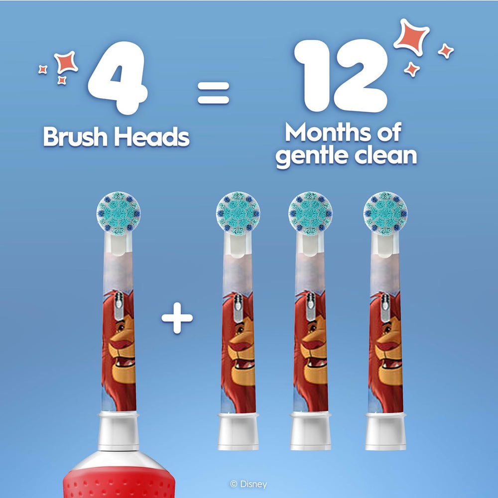 Oral-B Kids Disney Lion King replacement toothbrush heads, 4-pack, with colorful Lion King characters for children’s oral hygiene.