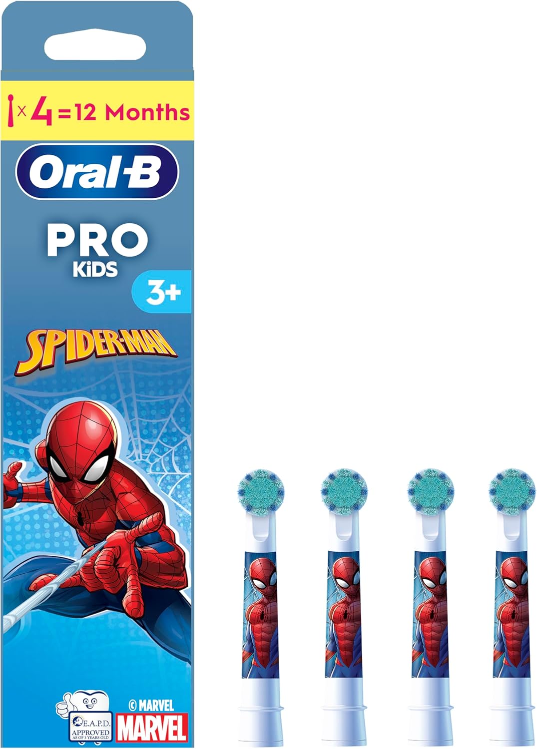Four Oral-B Kids Marvel Spider-Man replacement toothbrush heads designed for children’s electric toothbrushes.