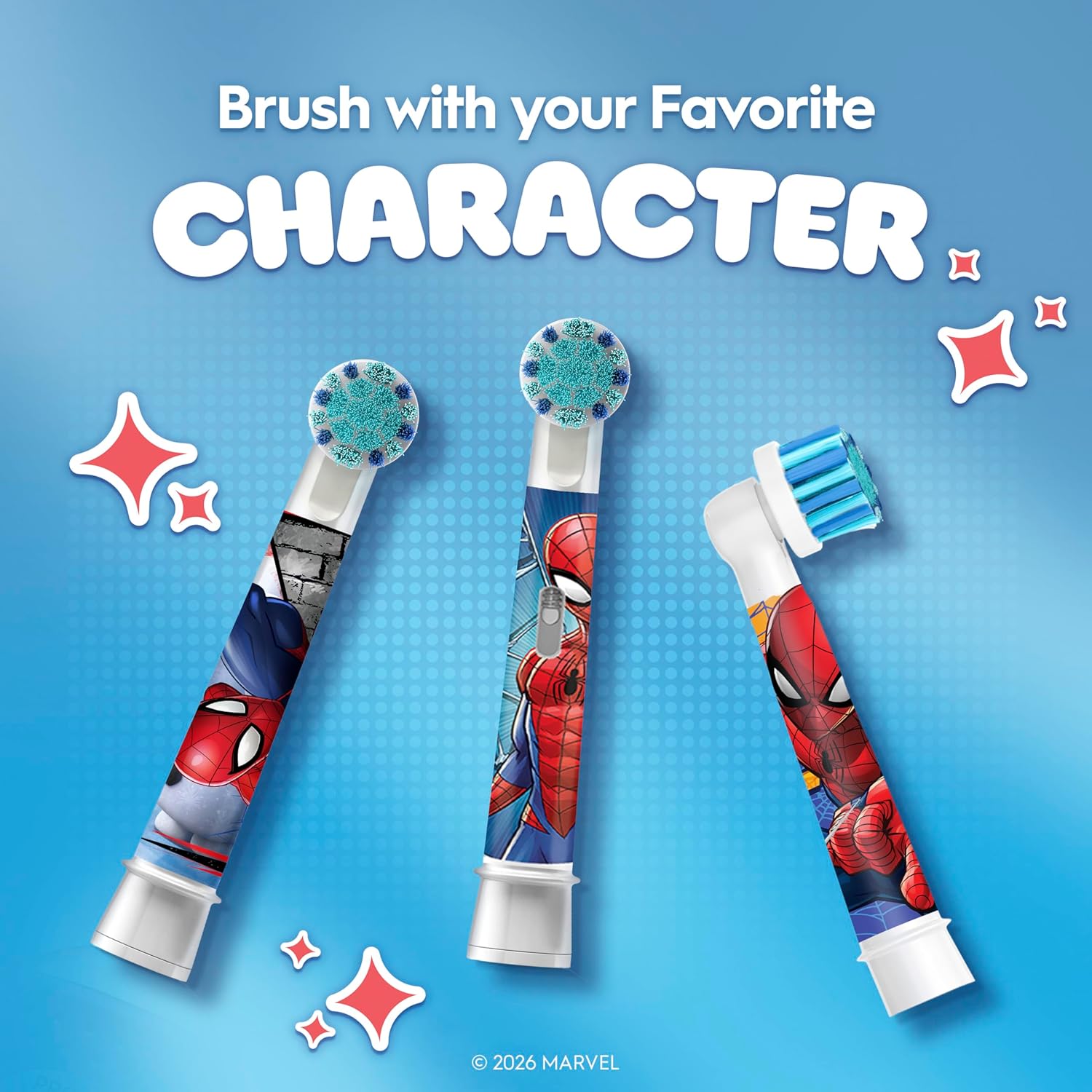 Oral-B Kids Marvel Spider-Man replacement toothbrush heads, 4-pack, designed for children's electric toothbrushes featuring Spider-Man imagery.