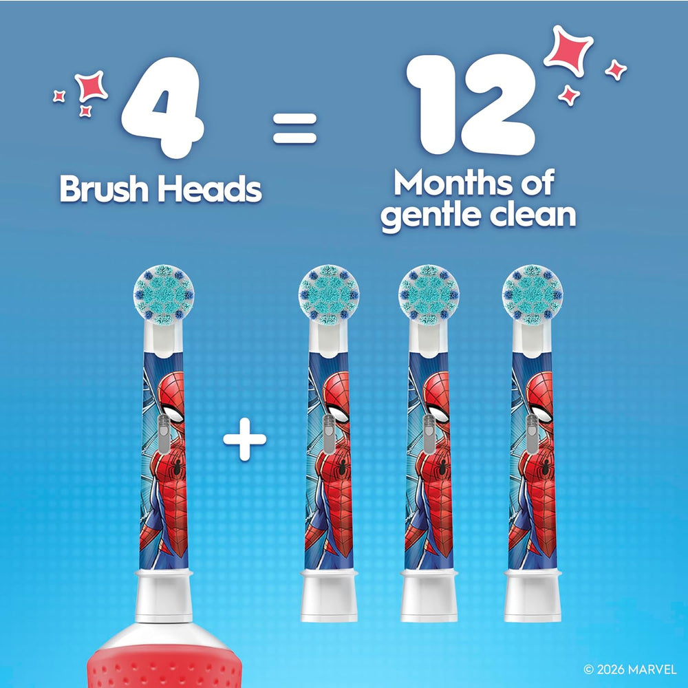 Four Oral-B Kids Marvel Spider-Man replacement toothbrush heads designed for children's electric toothbrushes, featuring Spider-Man character images.