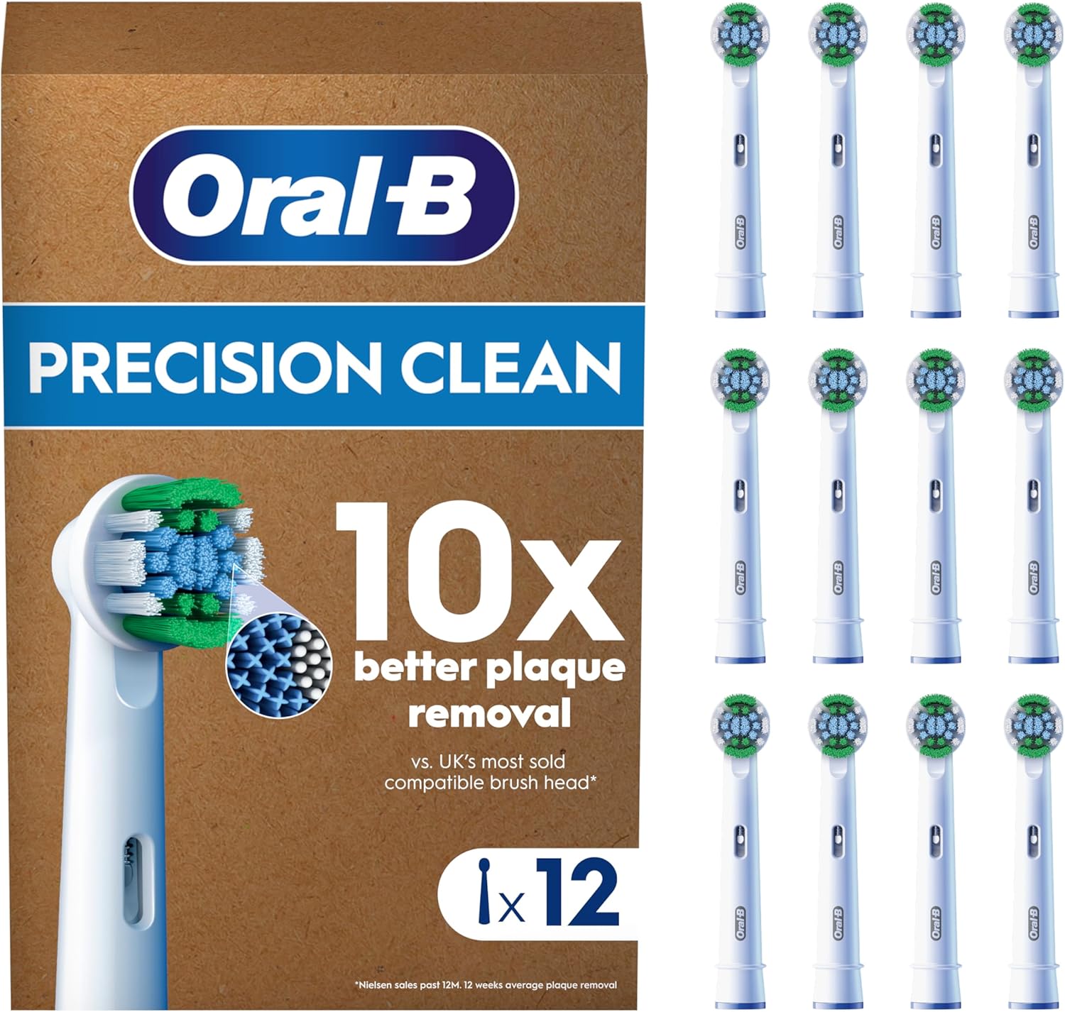 Oral-B Precision Clean replacement toothbrush heads, 12-pack, compatible with electric toothbrushes for thorough cleaning.