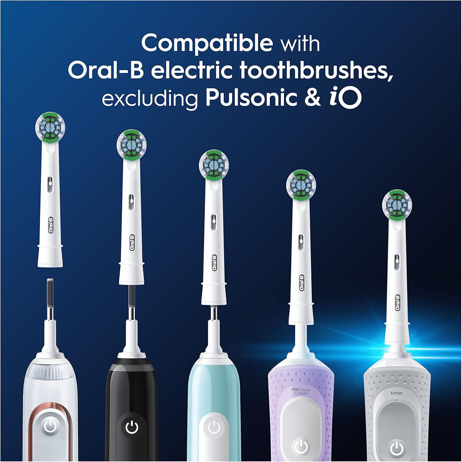 Set of 12 Oral-B Precision Clean replacement toothbrush heads for electric toothbrushes, showing white cleaning bristles and blue indicator bristles.